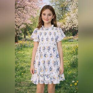 Janie and Jack Girls Floral Smocked Dress White With Blue Flowers NWT $89